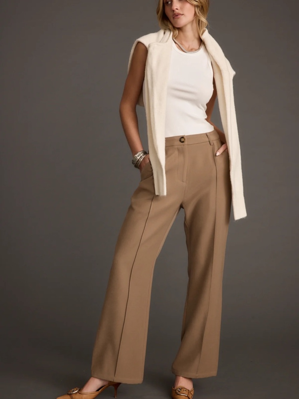12TH TRIBE | Virginia Taupe Seamed Slim Leg Trousers | XS